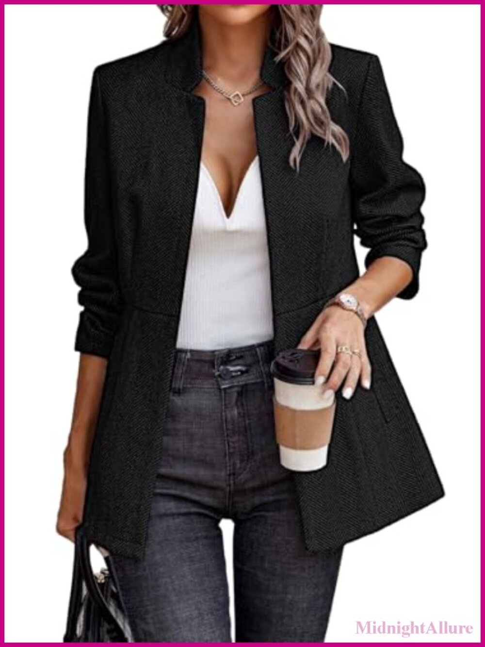 Open Front Herringbone Blazer Business Casual Notch Collar Long Sleeve